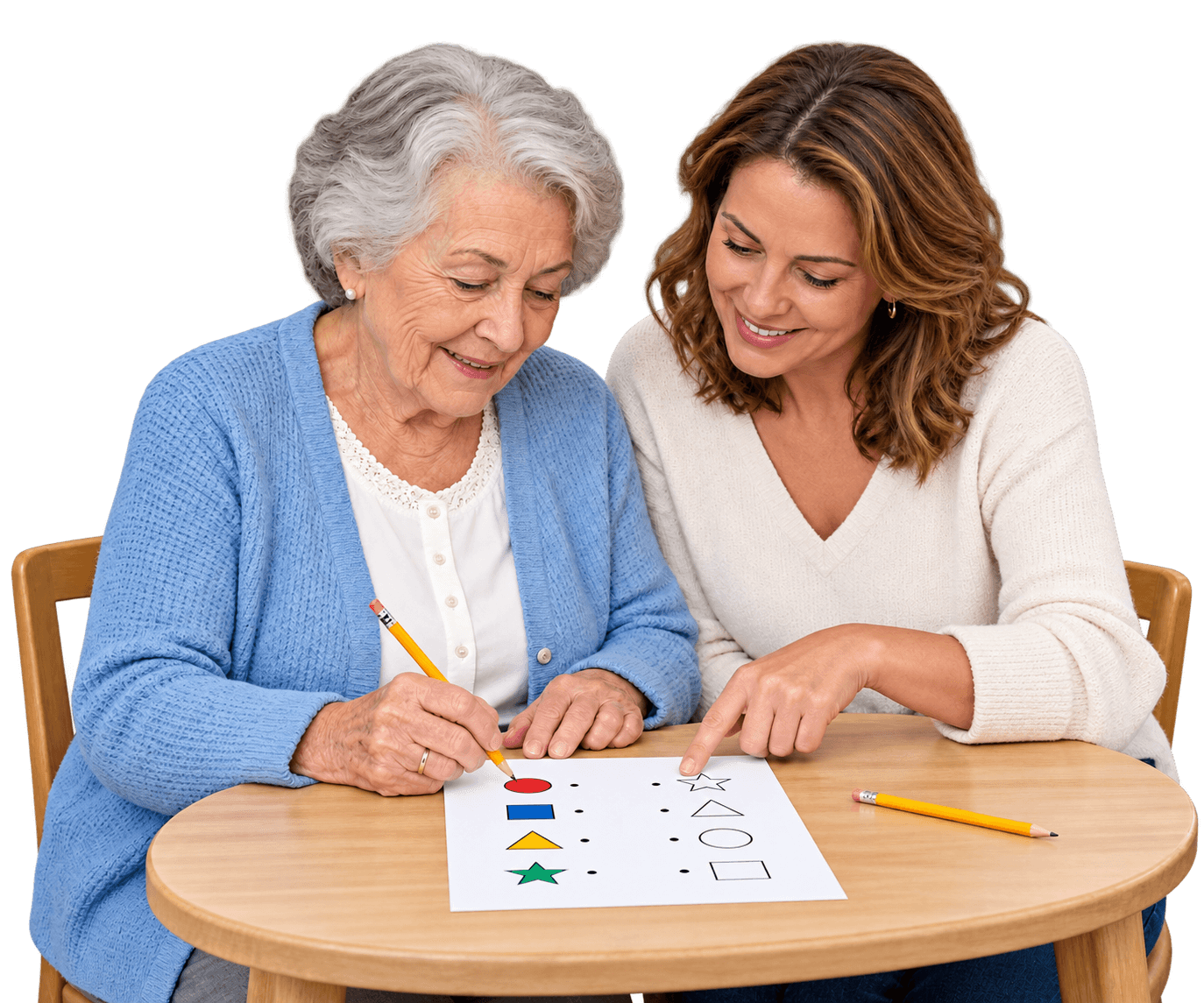 An older woman and her loved one enjoying a cognitive activity together